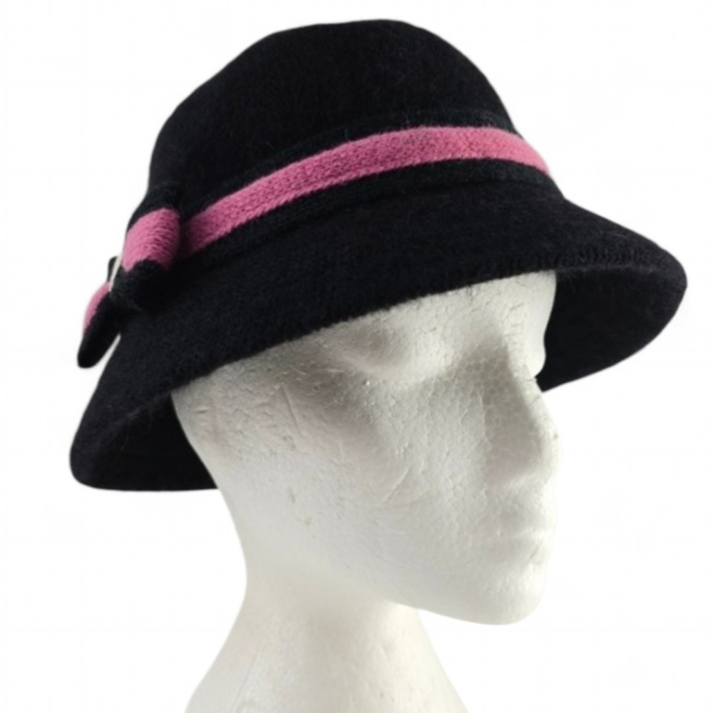 Betsey Johnson Black Wool Cloche Hat with Pink Band